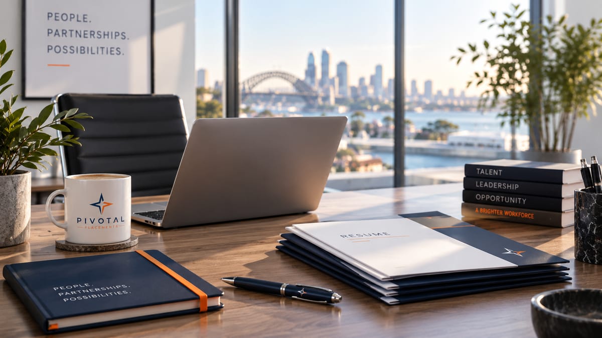 Pivotal Placements branded notebook, mug and candidate résumés on a desk with a Sydney Harbour view