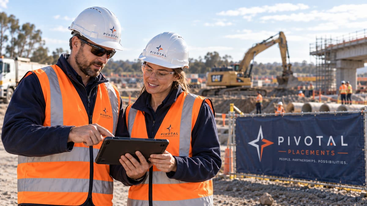 Two Pivotal Placements consultants in hi-vis reviewing a candidate shortlist on a civil construction site